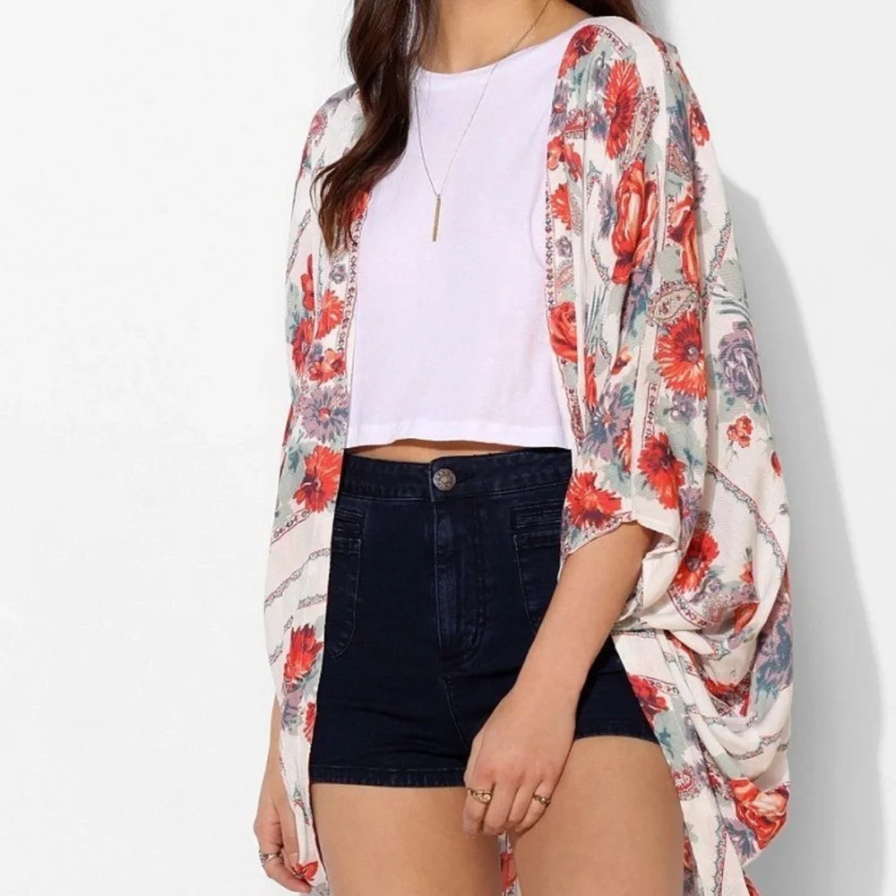 Kimchi‎ Blue Floral Kimono XS Boho Open Front Cardigan Cover Up Urban Outfitter